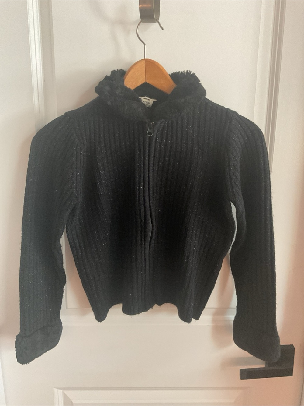 Cherokee - Black Ribbed Zip-Up Sweater with Faux-Fur Trim - Girls Size 7/8